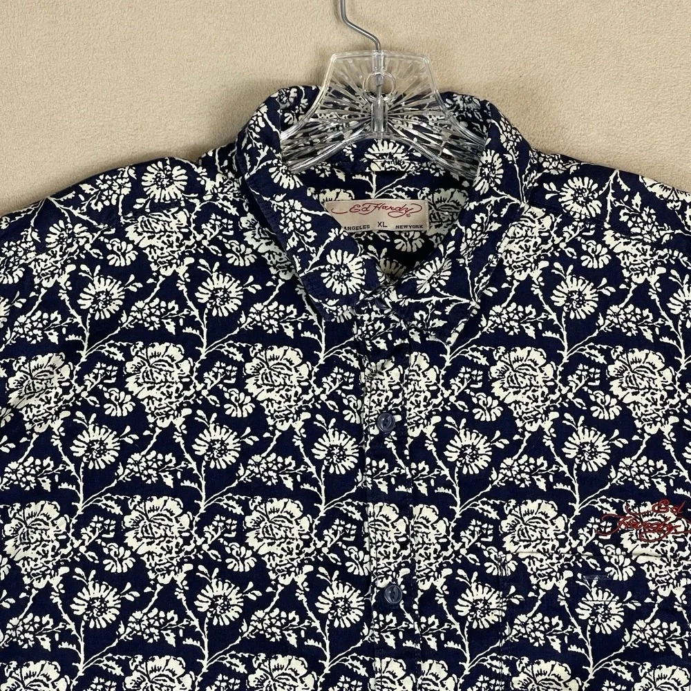 Ed Hardy Button Down Mens XL EHSH0608 Navy Blue Floral Long Sleeve EUC